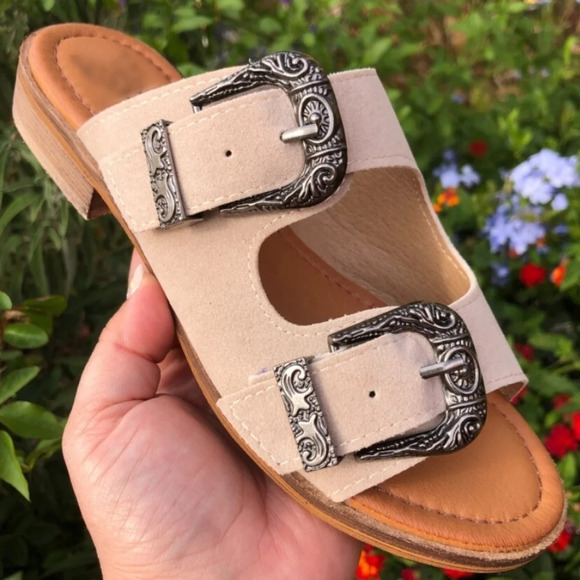 New! Tan Suede Western Buckle Slip On Slide Sandals in Sand - Picture 1 of 8